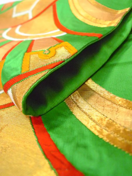Photo11: Mint N0913C Vintage Japanese Kimono  Shiny Green FUKURO OBI sash Wheel Silk. (Grade A) (11)