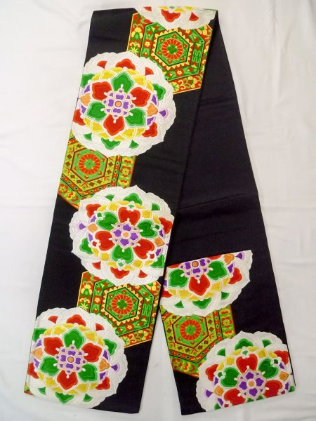 Photo1: N0913D Vintage Japanese Kimono  Vivid Black FUKURO OBI sash Flower Silk. (Grade B) (1)