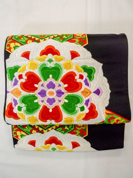 Photo2: N0913D Vintage Japanese Kimono  Vivid Black FUKURO OBI sash Flower Silk. (Grade B) (2)