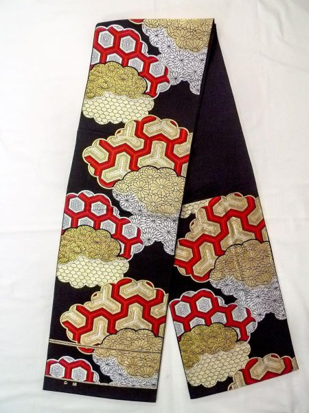 Photo1: N0913E Vintage Japanese Kimono   Black FUKURO OBI sash Peony Silk. (Grade B) (1)