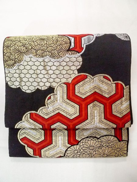 Photo2: N0913E Vintage Japanese Kimono   Black FUKURO OBI sash Peony Silk. (Grade B) (2)