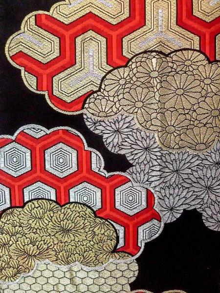 Photo3: N0913E Vintage Japanese Kimono   Black FUKURO OBI sash Peony Silk. (Grade B) (3)