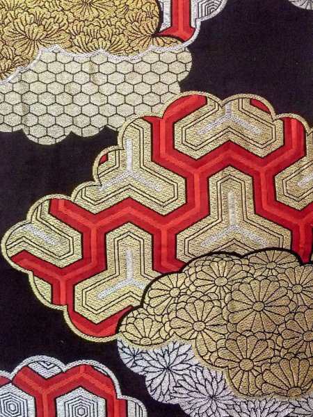 Photo4: N0913E Vintage Japanese Kimono   Black FUKURO OBI sash Peony Silk. (Grade B) (4)