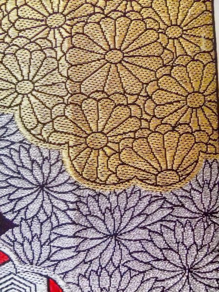 Photo5: N0913E Vintage Japanese Kimono   Black FUKURO OBI sash Peony Silk. (Grade B) (5)