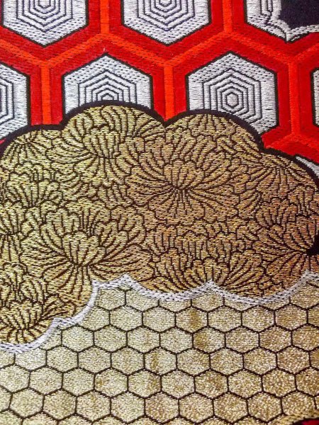 Photo6: N0913E Vintage Japanese Kimono   Black FUKURO OBI sash Peony Silk. (Grade B) (6)