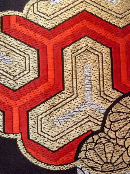 Photo7: N0913E Vintage Japanese Kimono   Black FUKURO OBI sash Peony Silk. (Grade B) (7)