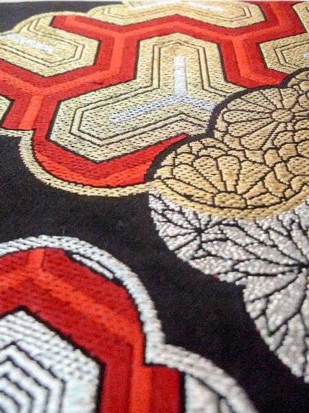 Photo8: N0913E Vintage Japanese Kimono   Black FUKURO OBI sash Peony Silk. (Grade B) (8)