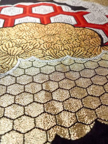 Photo9: N0913E Vintage Japanese Kimono   Black FUKURO OBI sash Peony Silk. (Grade B) (9)