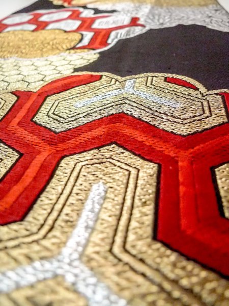 Photo10: N0913E Vintage Japanese Kimono   Black FUKURO OBI sash Peony Silk. (Grade B) (10)