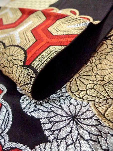 Photo11: N0913E Vintage Japanese Kimono   Black FUKURO OBI sash Peony Silk. (Grade B) (11)