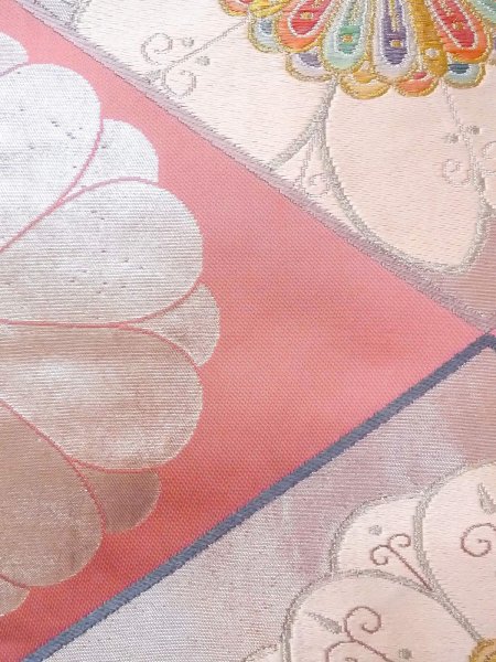Photo7: N0913J Vintage Japanese Kimono   Pink FUKURO OBI sash Flower Silk. (Grade B) (7)