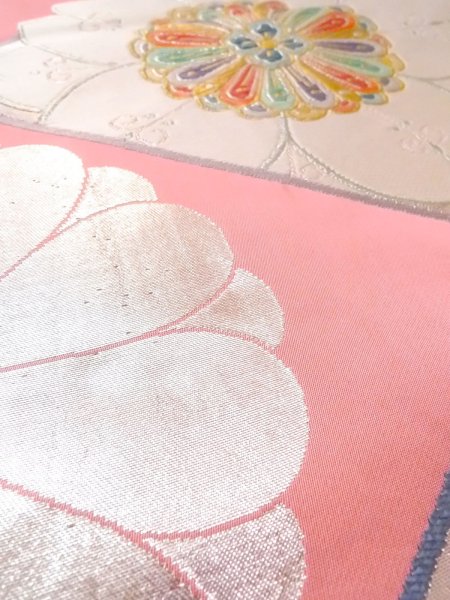 Photo12: N0913J Vintage Japanese Kimono   Pink FUKURO OBI sash Flower Silk. (Grade B) (12)