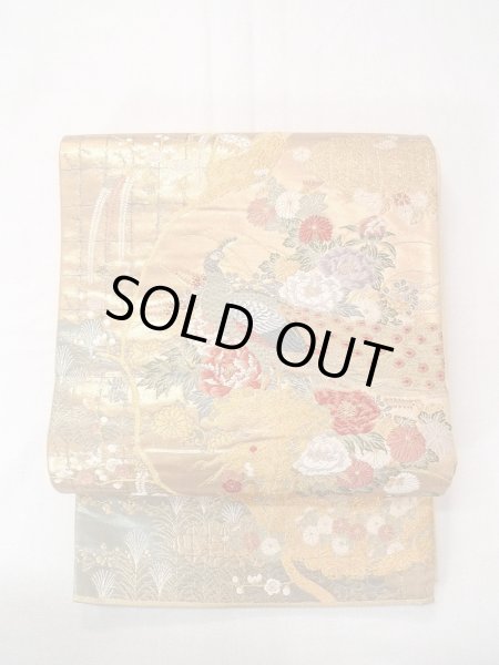 Photo2: Mint N0913L Vintage Japanese Kimono  Shiny Gold FUKURO OBI sash Peony Silk. (Grade A) (2)