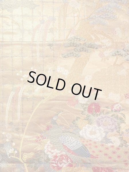 Photo3: Mint N0913L Vintage Japanese Kimono  Shiny Gold FUKURO OBI sash Peony Silk. (Grade A) (3)