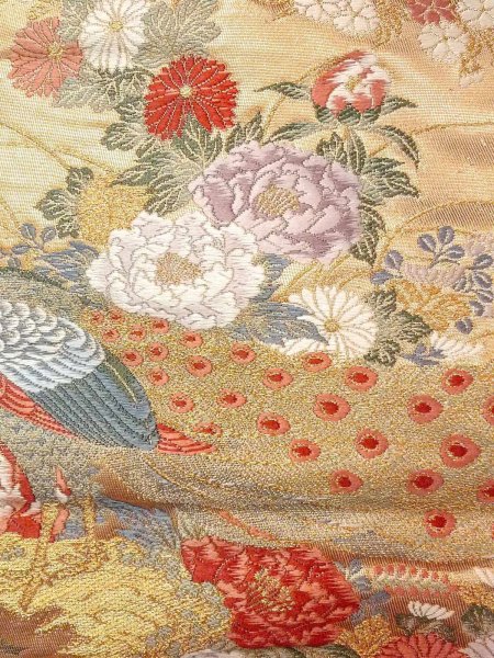 Photo6: Mint N0913L Vintage Japanese Kimono  Shiny Gold FUKURO OBI sash Peony Silk. (Grade A) (6)