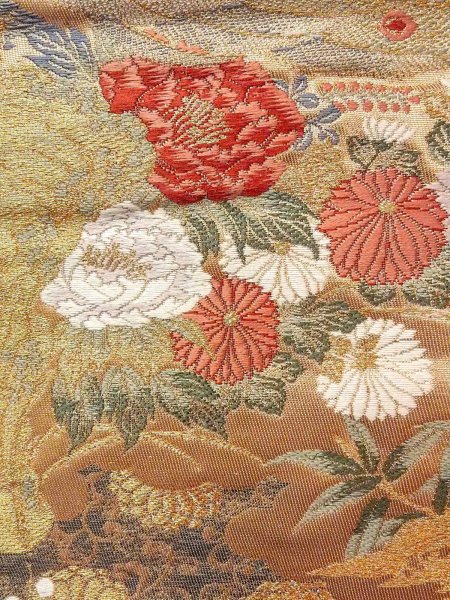 Photo7: Mint N0913L Vintage Japanese Kimono  Shiny Gold FUKURO OBI sash Peony Silk. (Grade A) (7)