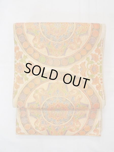 Photo2: Mint N0913O Vintage Japanese Kimono  Shiny Orange FUKURO OBI sash Chinese flower Silk. (Grade A) (2)