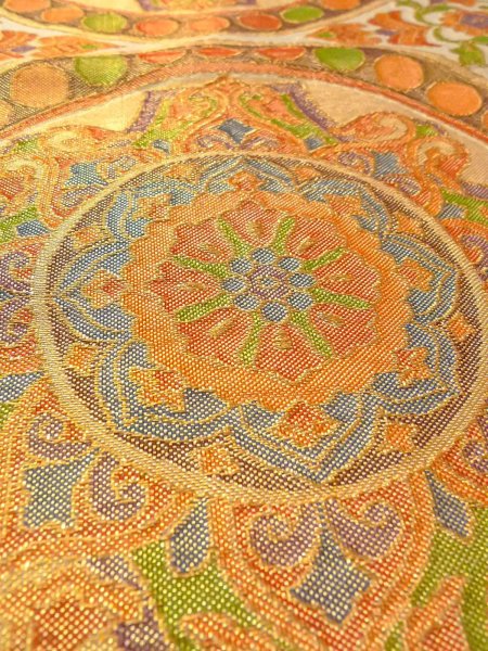 Photo8: Mint N0913O Vintage Japanese Kimono  Shiny Orange FUKURO OBI sash Chinese flower Silk. (Grade A) (8)