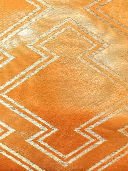 Photo5: Mint N0913P Vintage Japanese Kimono  Shiny Orange FUKURO OBI sash Greek key fret Silk. (Grade A) (5)