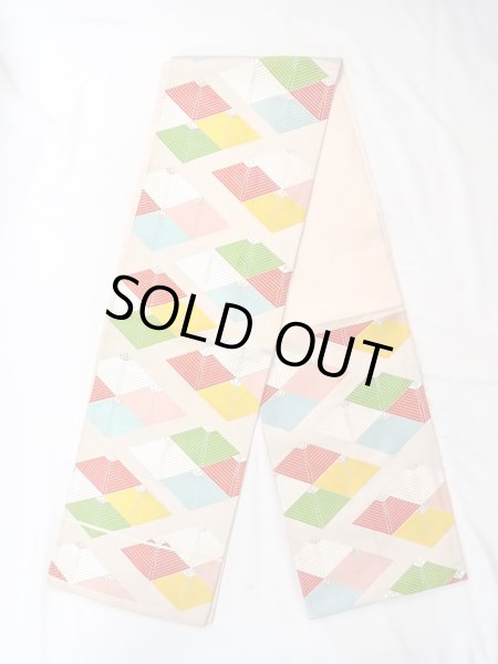 Photo1: Mint N0913Q Vintage Japanese Kimono   Ivory FUKURO OBI sash Lozenges Silk. (Grade A) (1)