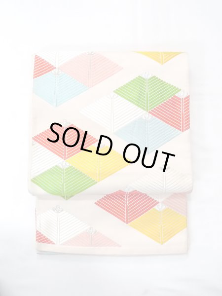 Photo2: Mint N0913Q Vintage Japanese Kimono   Ivory FUKURO OBI sash Lozenges Silk. (Grade A) (2)