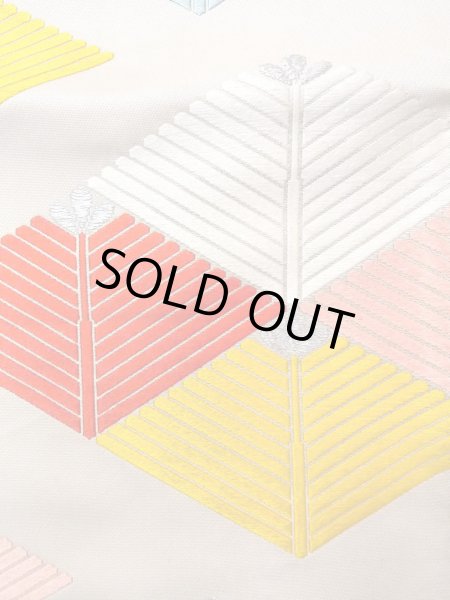 Photo7: Mint N0913Q Vintage Japanese Kimono   Ivory FUKURO OBI sash Lozenges Silk. (Grade A) (7)