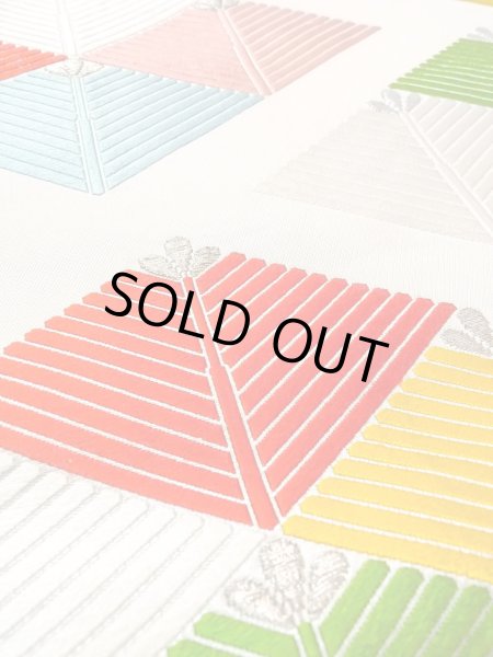 Photo11: Mint N0913Q Vintage Japanese Kimono   Ivory FUKURO OBI sash Lozenges Silk. (Grade A) (11)