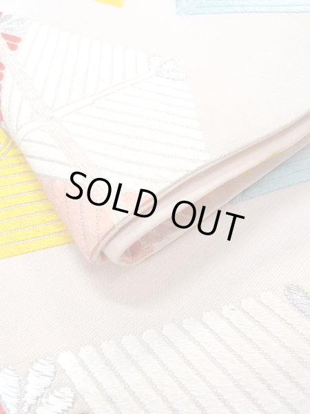 Photo12: Mint N0913Q Vintage Japanese Kimono   Ivory FUKURO OBI sash Lozenges Silk. (Grade A) (12)