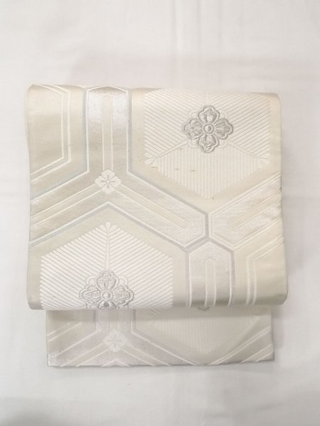 Photo2: N0913W Vintage Japanese Kimono  Shiny Silver FUKURO OBI sash Flower Silk. (Grade C) (2)