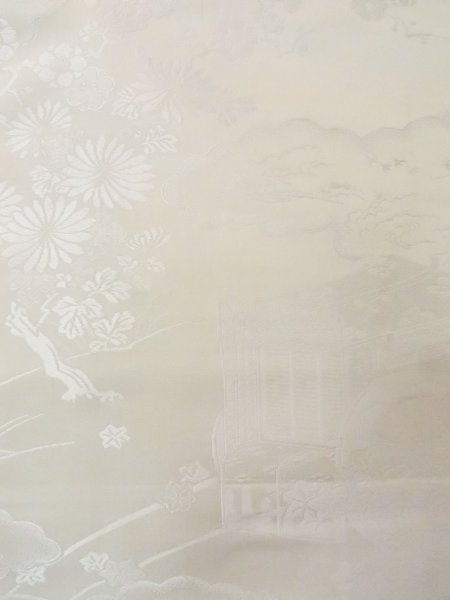 Photo3: N0913X Vintage Japanese Kimono Light Grayish Off White FUKURO OBI sash Chrysanthemum Silk. (Grade C) (3)