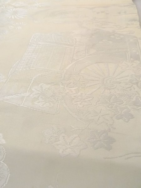 Photo8: N0913X Vintage Japanese Kimono Light Grayish Off White FUKURO OBI sash Chrysanthemum Silk. (Grade C) (8)