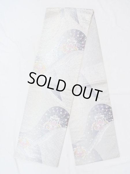 Photo1: N0914C Vintage Japanese Kimono   Silver FUKURO OBI sash Chinese flower Silk. (Grade A) (1)