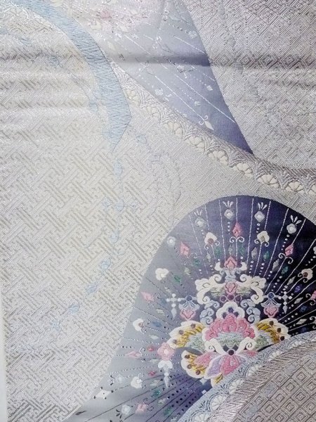 Photo4: N0914C Vintage Japanese Kimono   Silver FUKURO OBI sash Chinese flower Silk. (Grade A) (4)