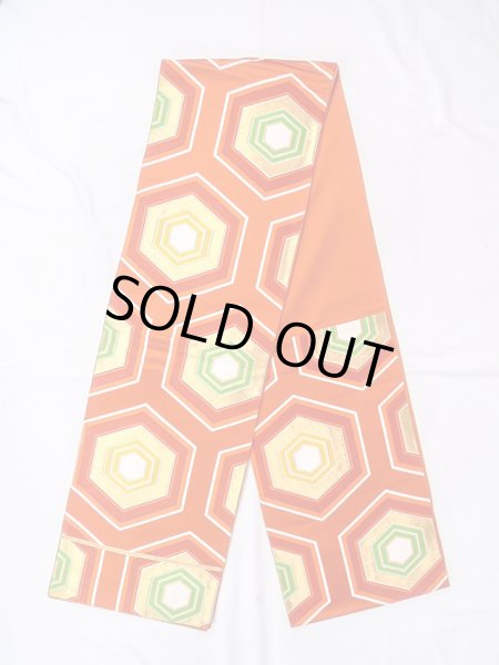 Photo1: Mint N0914D Vintage Japanese Kimono   Orange FUKURO OBI sash Tortoise-shell pattern(Hexagonal pattern) Silk. (Grade A) (1)