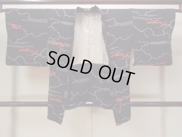 Photo1: N0920I Vintage Japanese women   Black HAORI short jacket / Silk. Crane,   (Grade B) (1)