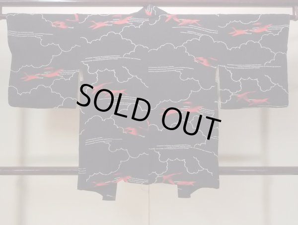 Photo2: N0920I Vintage Japanese women   Black HAORI short jacket / Silk. Crane,   (Grade B) (2)