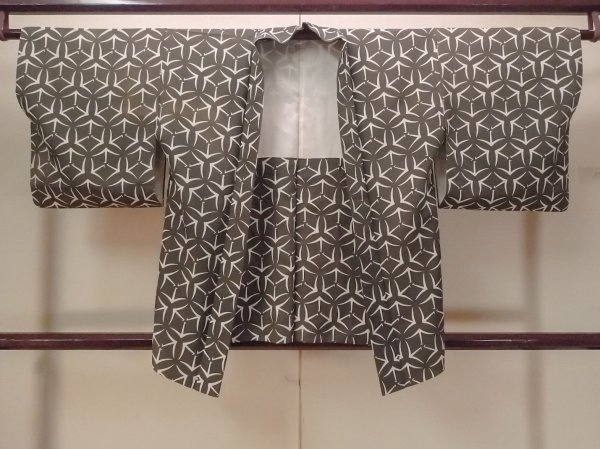 Photo1: N0920S Vintage Japanese women  Dark Olive HAORI short jacket / Silk. Crossed circles Folded paper crane pattern  (Grade C) (1)