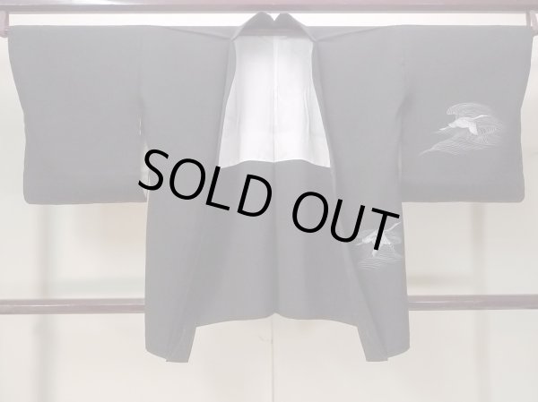 Photo1: Mint N0930A Vintage Japanese kimono   Black HAORI short jacket for women / Silk. Crane,   (Grade A) (1)