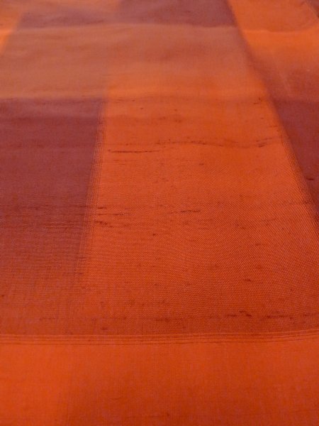 Photo9: N1007B Vintage Japanese kimono   Orange TSUMUGI pongee for women / Silk. Plaid Checks   (Grade B) (9)