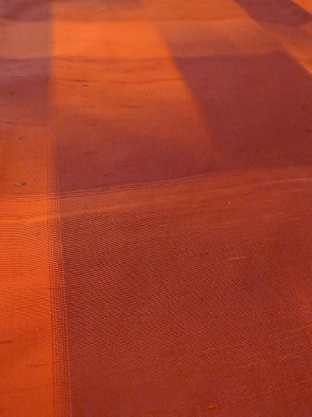 Photo10: N1007B Vintage Japanese kimono   Orange TSUMUGI pongee for women / Silk. Plaid Checks   (Grade B) (10)