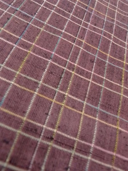 Photo7: N1007O Vintage Japanese kimono  Dark Dark Red TSUMUGI pongee for women / Silk. Plaid Checks   (Grade B) (7)