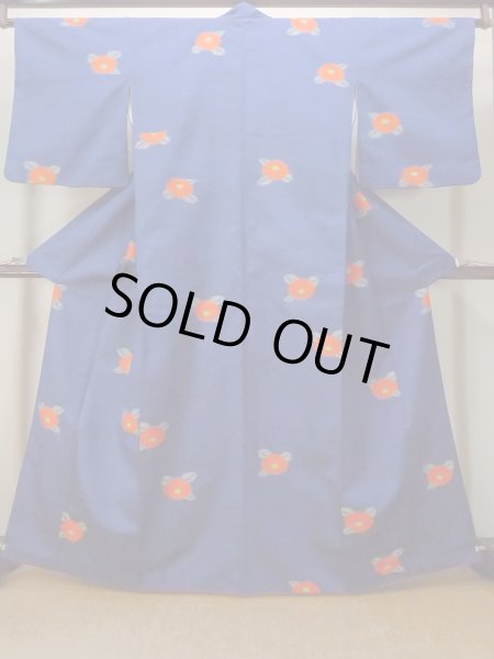 Photo1: N1007T Vintage Japanese kimono  Vivid Blue TSUMUGI pongee for women / Silk. Chrysanthemum   (Grade B) (1)