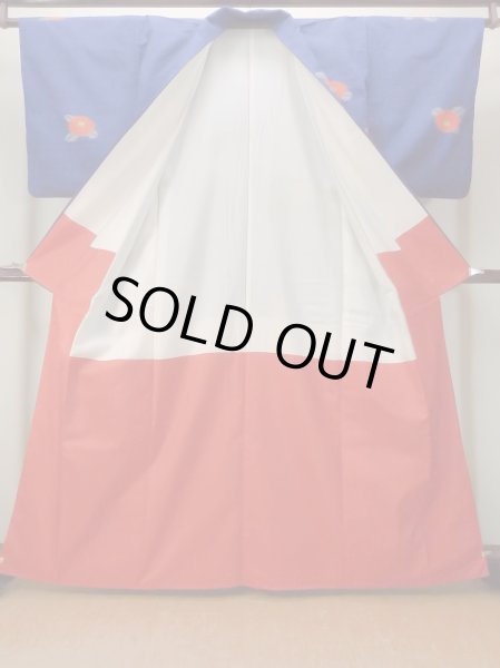 Photo2: N1007T Vintage Japanese kimono  Vivid Blue TSUMUGI pongee for women / Silk. Chrysanthemum   (Grade B) (2)