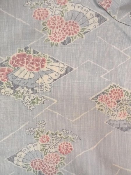 Photo3: N1007U Vintage Japanese kimono  Grayish Light Blue TSUMUGI pongee for women / Silk. Peony,   (Grade B) (3)