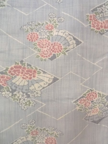 Photo4: N1007U Vintage Japanese kimono  Grayish Light Blue TSUMUGI pongee for women / Silk. Peony,   (Grade B) (4)