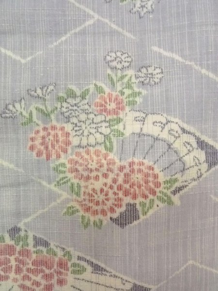Photo5: N1007U Vintage Japanese kimono  Grayish Light Blue TSUMUGI pongee for women / Silk. Peony,   (Grade B) (5)