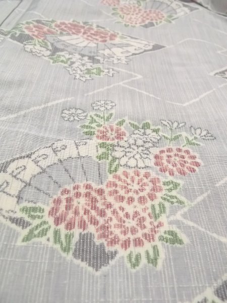 Photo9: N1007U Vintage Japanese kimono  Grayish Light Blue TSUMUGI pongee for women / Silk. Peony,   (Grade B) (9)
