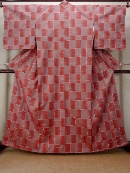 Photo1: N1007V Vintage Japanese kimono  Vivid Red TSUMUGI pongee for women / Silk. Plaid Checks   (Grade B) (1)