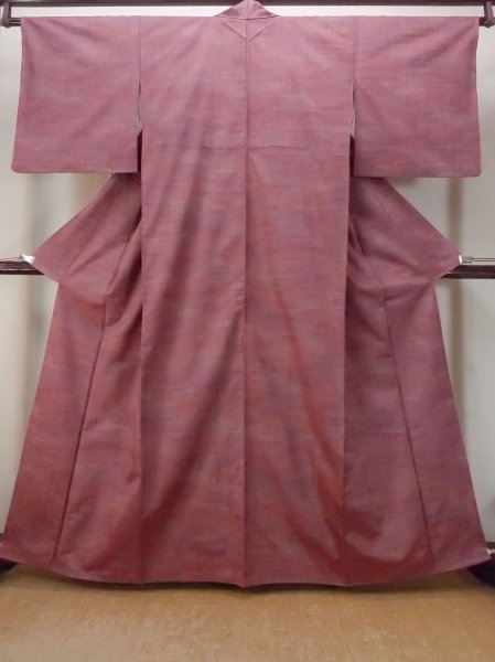 Photo1: Mint N1015E Vintage Japanese kimono   Dark Red TSUMUGI pongee for women / Silk. Stripes   (Grade A) (1)