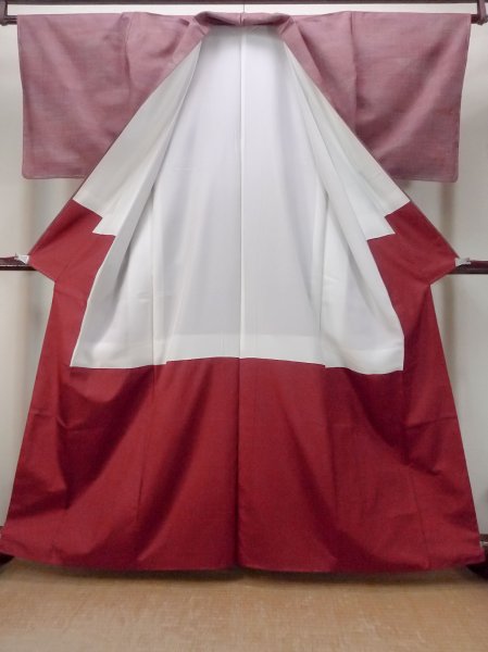 Photo2: Mint N1015E Vintage Japanese kimono   Dark Red TSUMUGI pongee for women / Silk. Stripes   (Grade A) (2)